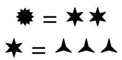Duas equivalências com símbolos: uma estrela serrilhada de muitas pontas equivale a duas estrelas de seis pontas; uma estrela de seis pontas equivale a três figuras de três pontas.