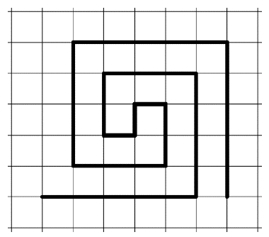 Linha poligonal em forma de espiral quadrada desenhada sobre malha quadriculada.