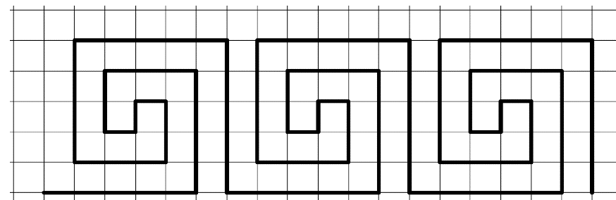 Três repetições consecutivas da espiral quadrada ligadas entre si sobre malha quadriculada.