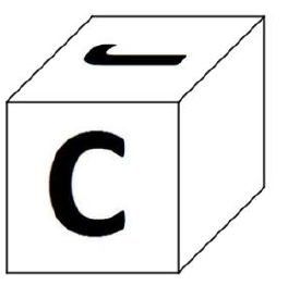 Cubo da alternativa B em perspectiva, com letras em algumas faces.