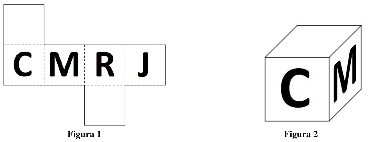 Figura 1: planificação de cubo com quatro faces em linha contendo as letras C, M, R e J, uma face acima do C e uma abaixo do R. Figura 2: cubo montado mostrando C na face frontal e M na face lateral direita.