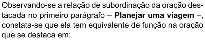 Enunciado com “Planejar uma viagem” em negrito: “Observando-se a relação de subordinação da oração destacada no primeiro parágrafo – Planejar uma viagem –, constata-se que ela tem equivalente de função na oração que se destaca em:”