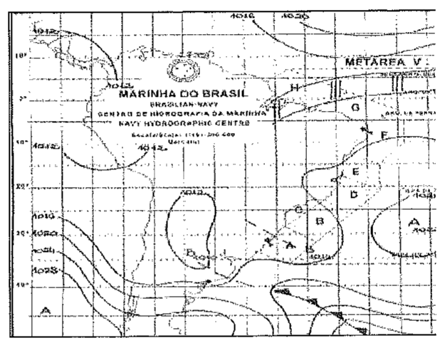 Carta sinótica do Centro de Hidrografia da Marinha sobre a América do Sul e o Atlântico, com isóbaras, sistemas identificados por letras e a área METAREA V.