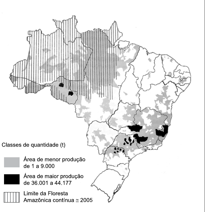 Mapa do Brasil com áreas produtoras de um cultivo agrícola. Legenda “Classes de quantidade (t)”: cinza = área de menor produção, de 1 a 9.000; preto = área de maior produção, de 36.001 a 44.177; hachura vertical = limite da Floresta Amazônica contínua ≅ 2005. As áreas pretas concentram-se em Minas Gerais, Espírito Santo, São Paulo, Paraná e em pequenos trechos de Rondônia.