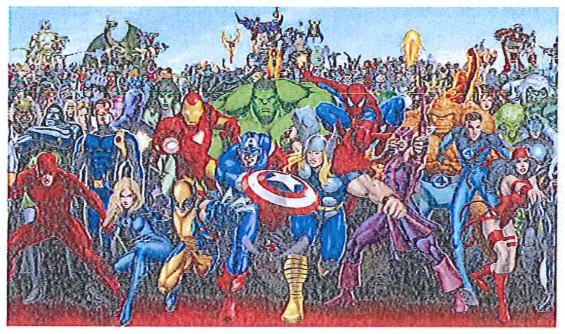 Ilustração colorida de dezenas de super-heróis de quadrinhos reunidos, entre eles Capitão América com escudo, Hulk, Homem de Ferro, Thor, Homem-Aranha, Wolverine e Demolidor.