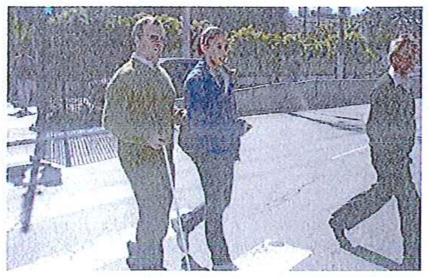 Fotografia de rua com três pessoas caminhando sobre a faixa de pedestres: um homem de casaco verde-oliva à esquerda, uma mulher de jaqueta azul ao centro e outra pessoa à direita, com árvores ao fundo.
