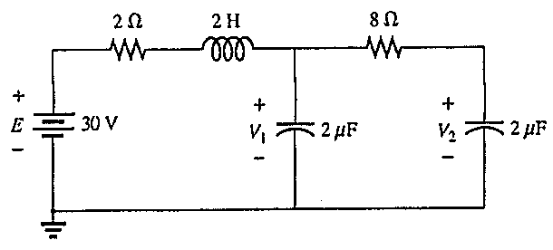 Circuito com fonte E de 30 V em série com resistor de 2 Ω e indutor de 2 H; capacitor de 2 μF (tensão V1) em paralelo; em seguida resistor de 8 Ω e capacitor de 2 μF (tensão V2).