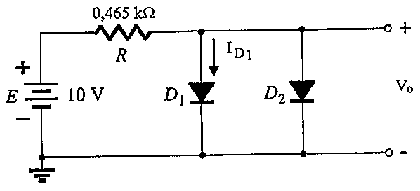 Fonte E de 10 V, resistor R de 0,465 kΩ e dois diodos idênticos D1 e D2 em paralelo na saída Vo; corrente ID1 indicada em D1.