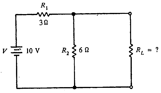Fonte V de 10 V, resistor R1 de 3 Ω em série, resistor R2 de 6 Ω em paralelo e resistor de carga RL desconhecido nos terminais de saída.