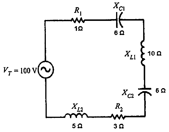 Circuito RLC série alimentado por VT = 100 V com R1 = 1 Ω, XC1 = 6 Ω, XL1 = 10 Ω, XC2 = 6 Ω, R2 = 3 Ω e XL2 = 5 Ω.