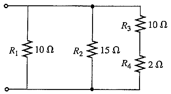 Resistores R1 = 10 Ω, R2 = 15 Ω e o ramo série R3 = 10 Ω e R4 = 2 Ω, todos em paralelo entre dois terminais.