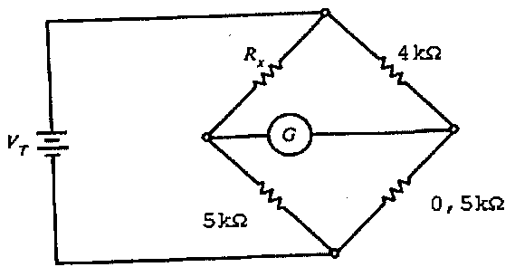Ponte de Wheatstone alimentada por VT com Rx, 4 kΩ, 5 kΩ e 0,5 kΩ nos braços e galvanômetro G entre os nós centrais.