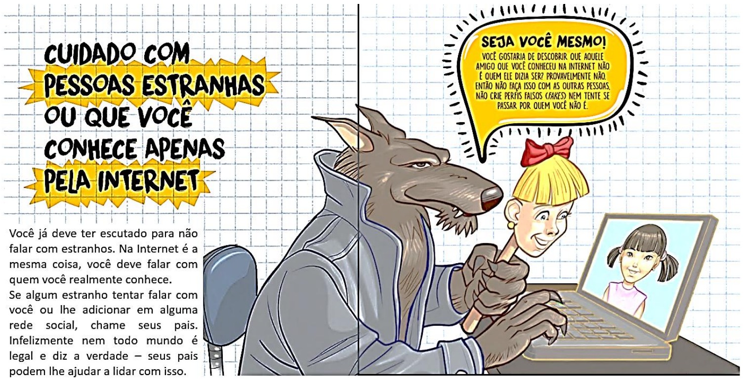 Página da cartilha em papel quadriculado. À esquerda: “CUIDADO COM PESSOAS ESTRANHAS OU QUE VOCÊ CONHECE APENAS PELA INTERNET. Você já deve ter escutado para não falar com estranhos. Na Internet é a mesma coisa, você deve falar com quem você realmente conhece. Se algum estranho tentar falar com você ou lhe adicionar em alguma rede social, chame seus pais. Infelizmente nem todo mundo é legal e diz a verdade – seus pais podem lhe ajudar a lidar com isso.” À direita, um lobo diante de um notebook segura a máscara de uma menina loira, enquanto na tela aparece outra menina; no balão: “SEJA VOCÊ MESMO! VOCÊ GOSTARIA DE DESCOBRIR QUE AQUELE AMIGO QUE VOCÊ CONHECEU NA INTERNET NÃO É QUEM ELE DIZIA SER? PROVAVELMENTE NÃO. ENTÃO NÃO FAÇA ISSO COM AS OUTRAS PESSOAS. NÃO CRIE PERFIS FALSOS (FAKES) NEM TENTE SE PASSAR POR QUEM VOCÊ NÃO É.”