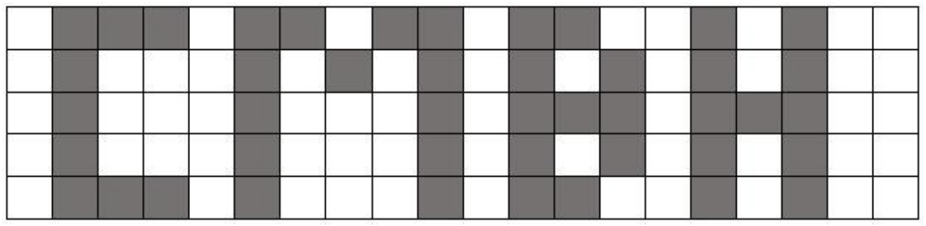 Malha retangular de 5 linhas por 20 colunas de quadrados iguais, brancos e cinza; os quadrados cinza formam as letras C, M, B e H.