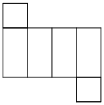 Quatro retângulos lado a lado, com um quadrado acima do primeiro e outro abaixo do quarto.