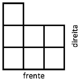 Vista de cima com “frente” embaixo e “direita” à direita: duas linhas inferiores com 3 quadrados cada e um quadrado acima do quadrado da esquerda.