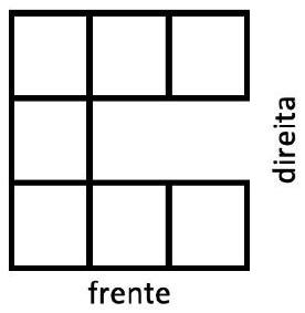 Vista de cima com “frente” embaixo e “direita” à direita: linha superior com 3 quadrados, linha do meio com 1 quadrado à esquerda e linha inferior com 3 quadrados.