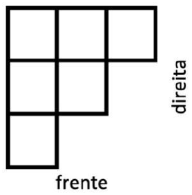 Vista de cima com “frente” embaixo e “direita” à direita: linha superior com 3 quadrados, linha do meio com 2 quadrados à esquerda e linha inferior com 1 quadrado à esquerda.