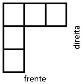 Vista de cima com “frente” embaixo e “direita” à direita: linha superior com 3 quadrados e mais 2 quadrados abaixo do quadrado da esquerda, formando um L.