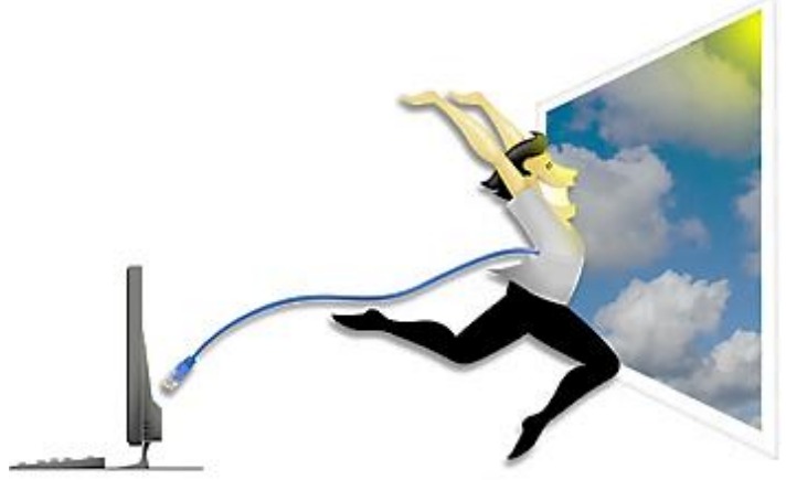 Ilustração de uma pessoa saltando para fora da tela de um computador, em direção a um céu azul com nuvens; o cabo de rede se solta da pessoa.