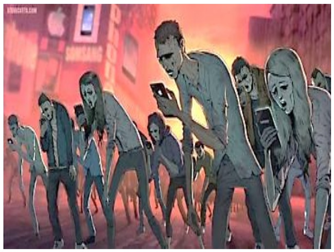 Ilustração de uma multidão de pessoas com aparência de zumbis, curvadas e olhando para os celulares, numa rua cheia de anúncios de marcas de tecnologia.