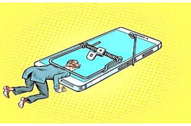 Ilustração de um homem de terno preso, de bruços, por uma ratoeira cuja base é um celular, sobre fundo amarelo.
