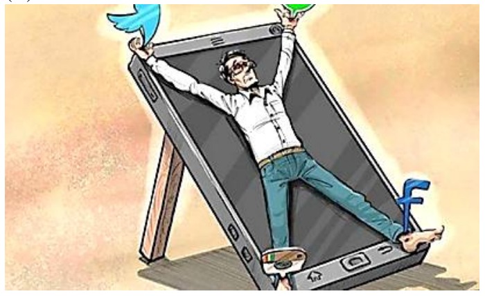 Ilustração de um homem amarrado pelos pulsos e tornozelos, de braços e pernas abertos, dentro de um grande celular apoiado em um cavalete; as cordas saem de ícones de redes sociais.