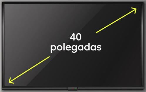 Tela retangular de televisor com uma seta amarela de duas pontas na diagonal, do canto inferior esquerdo ao canto superior direito, e o texto “40 polegadas” no centro.