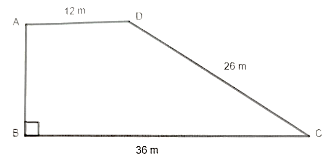 Trapézio retângulo ABCD com ângulo reto em B: lado AD (base menor) = 12 m, lado BC (base maior) = 36 m, lado oblíquo DC = 26 m; o lado AB não tem medida indicada.