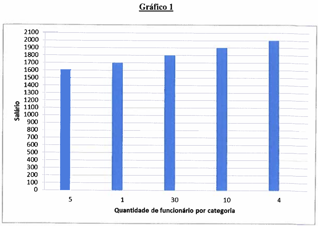 Gráfico 1: gráfico de colunas com eixo vertical Salário de 0 a 2100 (de 100 em 100) e eixo horizontal Quantidade de funcionário por categoria. Colunas: 5 funcionários com salário 1600; 1 funcionário com 1700; 30 funcionários com 1800; 10 funcionários com 1900; 4 funcionários com 2000.