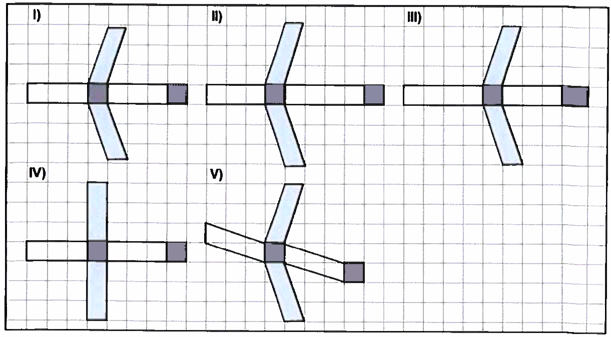 Cinco planificações em malha quadriculada, numeradas I a V, cada uma com dois quadrados escuros (bases) e faces laterais em forma de paralelogramos ou retângulos dispostas em cruz; nas imagens I, II, III e V há paralelogramos inclinados, e na imagem IV todas as faces laterais são retângulos.