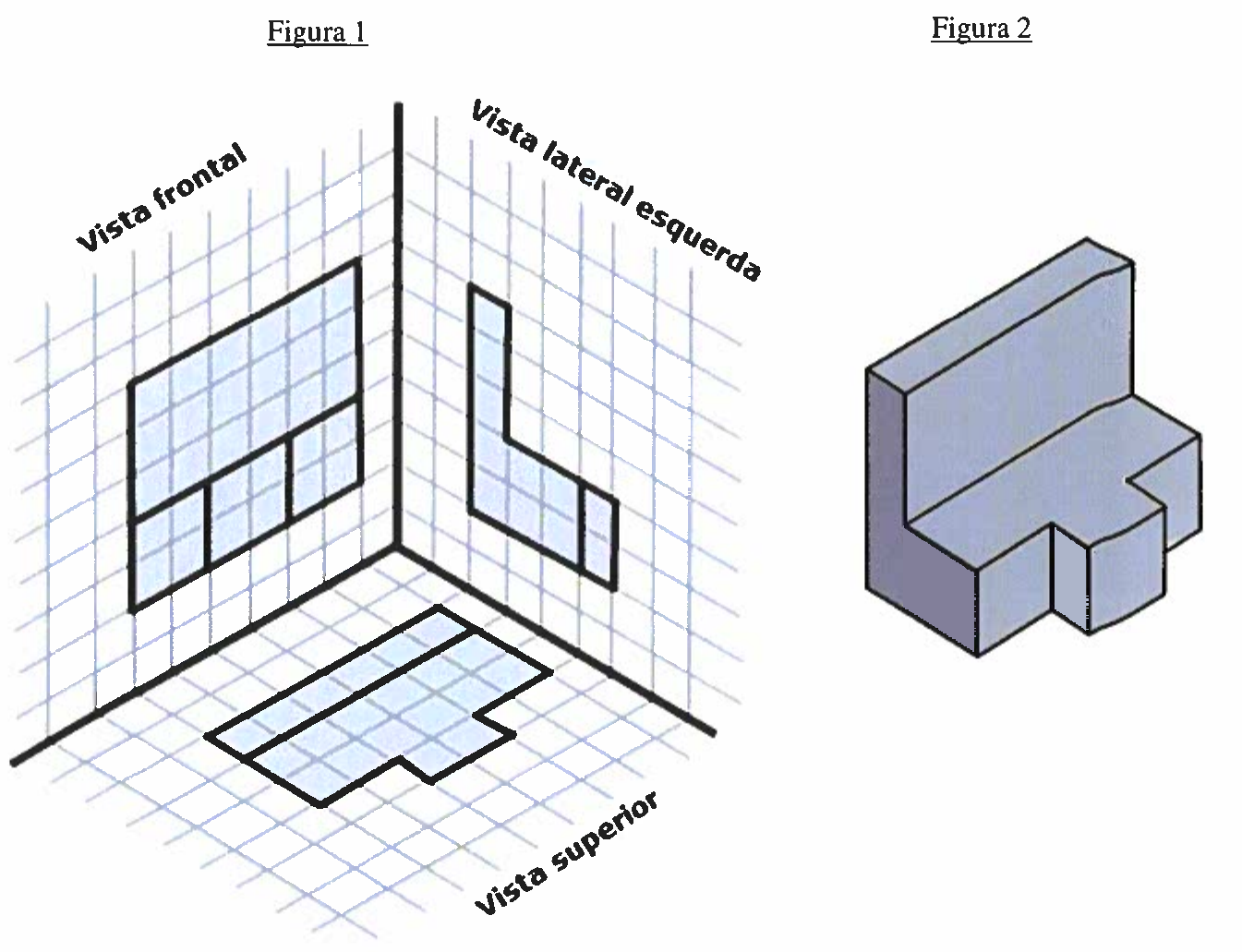 Figura 1: três planos quadriculados em perspectiva com as vistas frontal, lateral esquerda e superior de um sólido destacadas. Figura 2: o sólido em perspectiva, formado por uma placa vertical alta na parte de trás e uma base mais baixa com um ressalto na frente.