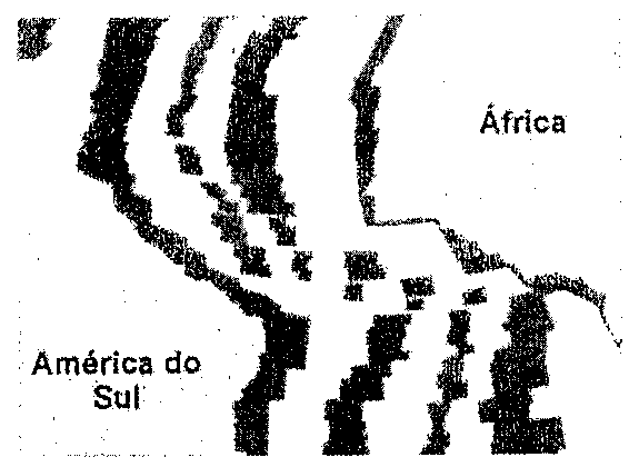 Mapa esquemático do assoalho oceânico entre a América do Sul (à esquerda) e a África (à direita), mostrando faixas escuras e claras alternadas dispostas de forma simétrica em relação ao eixo central do oceano.