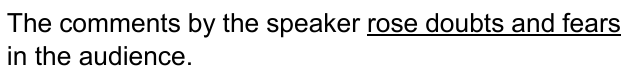 The comments by the speaker rose doubts and fears in the audience. — com “rose doubts and fears” sublinhado.