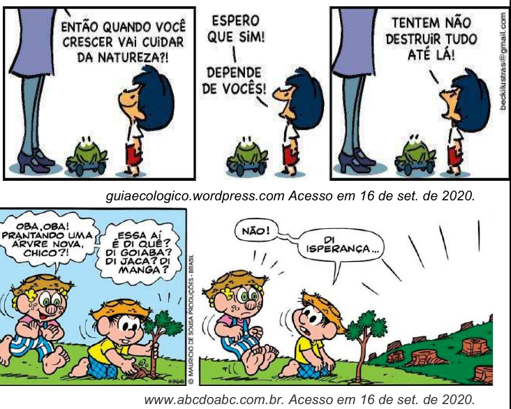 Duas tirinhas. Primeira (três quadrinhos): uma adulta pergunta a uma menina 'Então quando você crescer vai cuidar da natureza?!'; a menina responde 'Espero que sim! Depende de vocês!'; e completa 'Tentem não destruir tudo até lá!'. Fonte: guiaecologico.wordpress.com, acesso em 16 de set. de 2020. Segunda (Turma da Mônica, dois quadrinhos): Cebolinha planta uma muda e Chico Bento pergunta 'Oba, oba! Prantando uma árvre nova, Chico?!' e 'Essa aí é di quê? Di goiaba? Di jaca? Di manga?'; ele responde 'Não! Di isperança...', em um terreno com tocos de árvores cortadas. Fonte: www.abcdoabc.com.br, acesso em 16 de set. de 2020.