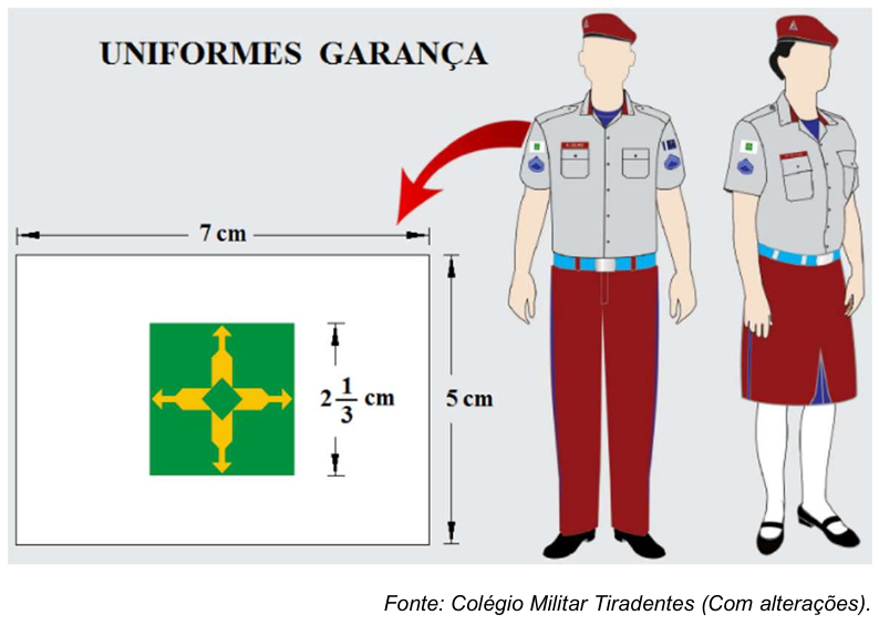 Figura 'Uniformes Garança': uniformes masculino e feminino com seta indicando a bandeira do DF na manga. A bandeira é um retângulo branco de 7 cm por 5 cm com um escudo quadrado verde ao centro, de lado 2 1/3 cm, com quatro flechas amarelas. Fonte: Colégio Militar Tiradentes (Com alterações).