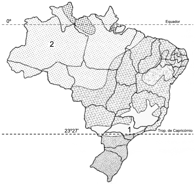 Mapa do Brasil com regiões climáticas diferenciadas por hachuras e pontilhados, linha tracejada do Equador (0º) ao norte e do Trópico de Capricórnio (23º27’) ao sul. O número 2 está na porção oeste da Amazônia e o número 1 numa área do Sudeste próxima ao Trópico de Capricórnio.
