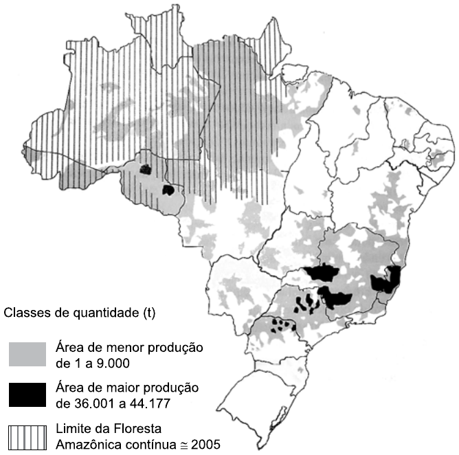Mapa do Brasil com áreas produtoras de um cultivo agrícola. Legenda “Classes de quantidade (t)”: cinza = área de menor produção, de 1 a 9.000; preto = área de maior produção, de 36.001 a 44.177; hachura vertical = limite da Floresta Amazônica contínua ≅ 2005. As áreas pretas concentram-se em Minas Gerais, Espírito Santo, São Paulo, Paraná e em pequenos trechos de Rondônia.