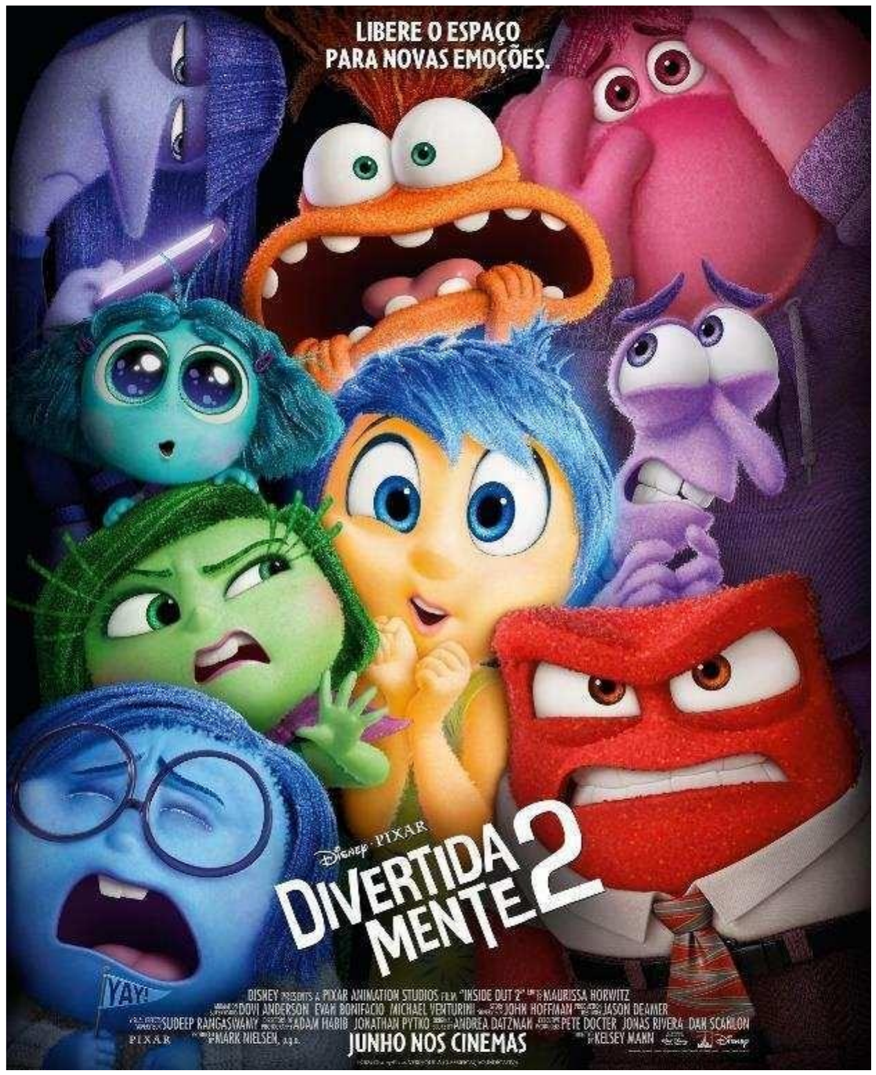 Cartaz do filme Divertida Mente 2 (Disney Pixar): no alto, a frase “LIBERE O ESPAÇO PARA NOVAS EMOÇÕES.”; ao centro, as personagens-emoções amontoadas (Alegria ao centro, Ansiedade laranja de boca aberta acima, Raiva vermelha, Nojinho verde, Tristeza azul chorando, Medo roxo, Inveja azul-esverdeada, Vergonha rosa e Tédio arroxeado); embaixo, o título “DIVERTIDA MENTE 2”, os créditos e “JUNHO NOS CINEMAS”.