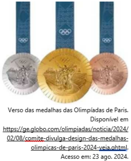 Fotografia do verso das três medalhas de Paris 2024 (prata, ouro e bronze) presas a fitas azuis. Legenda: “Verso das medalhas das Olimpíadas de Paris. Disponível em https://ge.globo.com/olimpiadas/noticia/2024/02/08/comite-divulga-design-das-medalhas-olimpicas-de-paris-2024-veja.ghtml. Acesso em: 23 ago. 2024.”