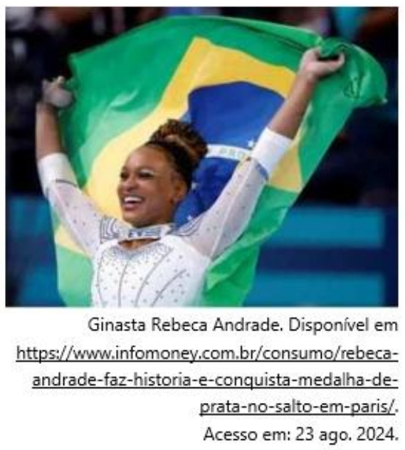 Fotografia da ginasta Rebeca Andrade sorrindo e erguendo a bandeira do Brasil. Legenda: “Ginasta Rebeca Andrade. Disponível em https://www.infomoney.com.br/consumo/rebeca-andrade-faz-historia-e-conquista-medalha-de-prata-no-salto-em-paris/. Acesso em: 23 ago. 2024.”
