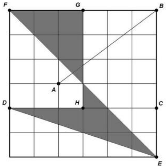 Quadrado sobre malha quadriculada 6 × 6 com os vértices F (superior esquerdo), B (superior direito), E (inferior direito) e o ponto D na lateral esquerda; G no lado superior, C no lado direito, A e H no interior. Segmentos A–B, B–C, C–D, D–E, E–F, F–G e G–H; duas regiões triangulares pintadas de cinza: uma entre F, G e a diagonal F–E, e outra entre D, H, a diagonal e o ponto E.