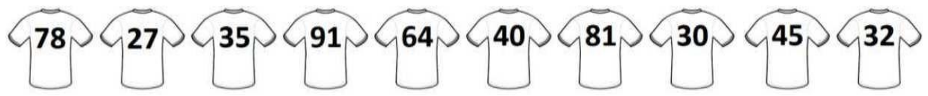 Dez camisetas brancas numeradas, da esquerda para a direita: 78, 27, 35, 91, 64, 40, 81, 30, 45 e 32.
