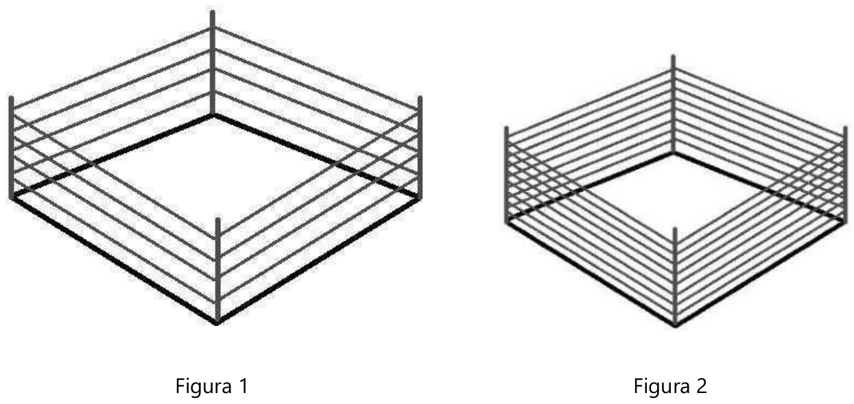 Figura 1: ringue quadrado em perspectiva, com quatro postes e 4 voltas de corda. Figura 2: ringue quadrado menor, com quatro postes e 8 voltas de corda.