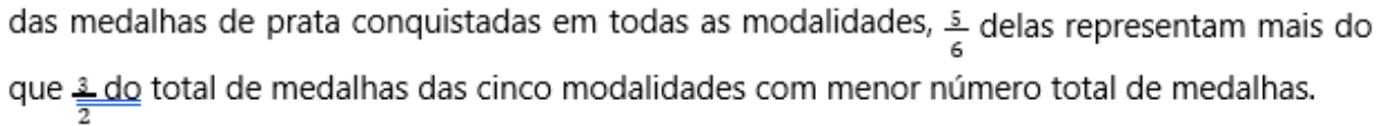 Texto da alternativa: “das medalhas de prata conquistadas em todas as modalidades, 5/6 delas representam mais do que 3/2 do total de medalhas das cinco modalidades com menor número total de medalhas.” (o numerador da segunda fração é pouco legível na reprodução).