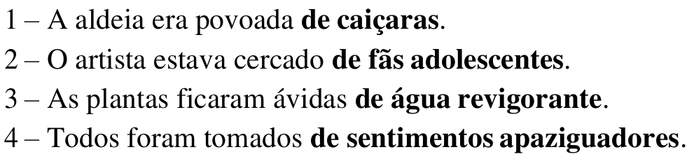 Reprodução das quatro sentenças da questão 12 com os termos em negrito: “de caiçaras”, “de fãs adolescentes”, “de água revigorante” e “de sentimentos apaziguadores”.