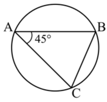 Circunferência com triângulo inscrito ABC; A e B nas extremidades de uma corda horizontal, C abaixo; ângulo de 45° marcado no vértice A.