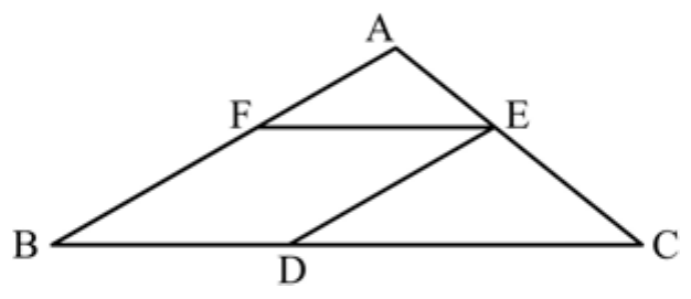 Triângulo ABC com base BC; losango BDEF com D sobre BC, E sobre AC e F sobre AB, sendo FE paralelo a BC e DE paralelo a AB.