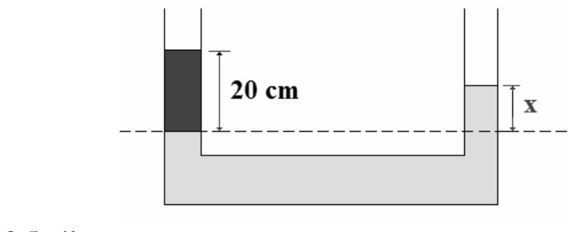 Tubo em U com dois líquidos; no ramo esquerdo um líquido escuro com coluna de 20 cm acima do nível de separação tracejado; no ramo direito o líquido claro sobe a uma altura x acima desse nível.