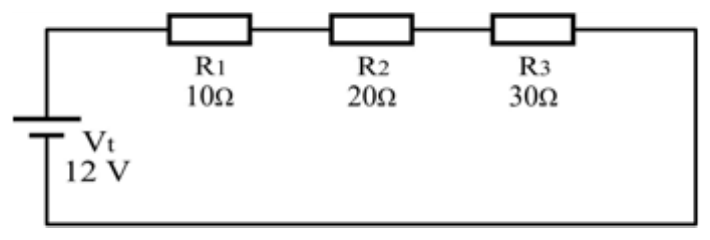 Circuito em série: fonte Vt de 12 V com resistores R1 = 10 Ω, R2 = 20 Ω e R3 = 30 Ω.